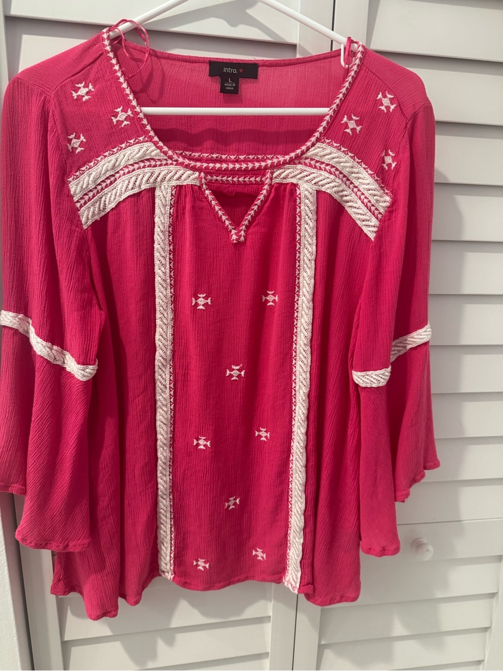 intro. Hot Pink Embroidered Boho Tunic with Cream Trim